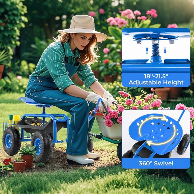 IRONMAX Garden Cart with Seat, Gardening Rolling Stool Scooter with 10’’ All-Terrain Wheels, Adjustable Steering Handle & Tool Tray and Basket for Outdoor Planting (Blue)