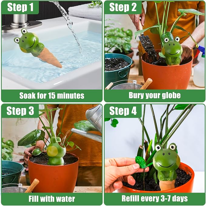 4PCS Terracotta Self Watering Spikes, Frog Shaped Self Watering Globes, Slow Release Self Watering Planter Insert, Plant Watering Globes for Indoor and Outdoor Plants