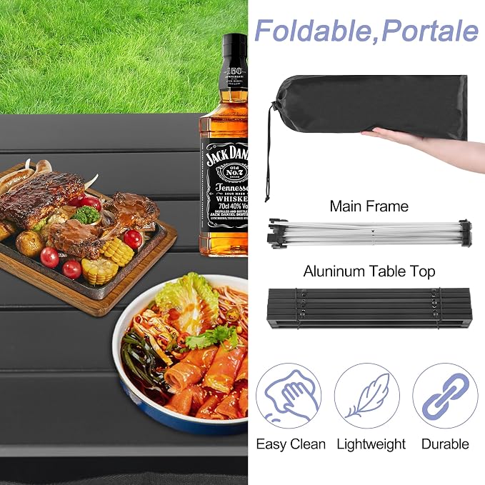 Grope Portable Camping Table Ultralight Aluminum Camp Table with Storage Bag,Beach Table for Sand with Carrying Bag,Prefect for Outdoor,Picnic,BBQ,Cooking,Festival (Black with Storage Bag-M)
