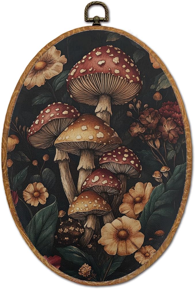 DOFQZ Vintage Mushroom Oval Wall Art Decor, Dark Botanical Cottagecore Mushroom Framed Wall Art, Gothic Moody Floral Fungi Canvas Walls Hanging Decor for Home Bedroom Living Room, 8.5x11.5