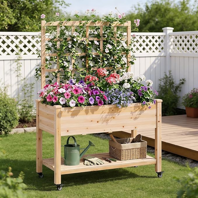 COSTWAY Wooden Raised Garden Bed with Trellis, Mobile Elevated Planter on Wheels, 285 lbs Capacity with Liner & Drainage Holes, Freestanding Outdoor Box for Climbing Plants, Vegetables, & Herbs