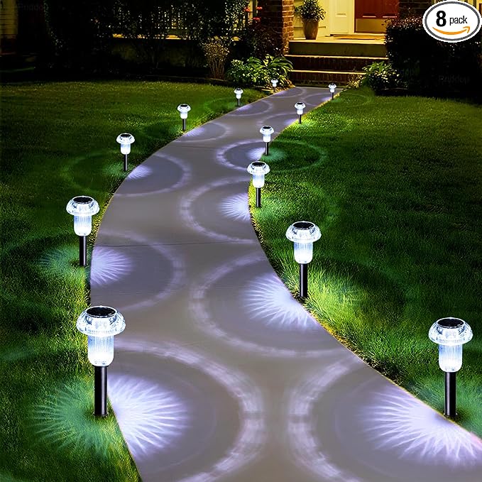 Priddop Solar Lights Outdoor Waterproof 8Pack 6000K Cold White LED Mushroom | Yard Pathway Garden Decorative Outside Landscape Path Lighting Patio Flowerbed Walkway Ground Pattern Acrylic Head ABS Stake