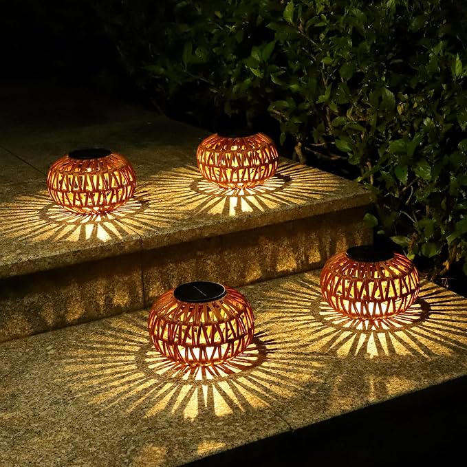 Solar Lights Outdoor Waterproof, 4 Pack Rattan Solar Lantern, Outdoor Solar Lights for Yard, Solar Table Lanterns Decorative, Solar Garden Lights Table Lamp Decor, Outdoor Table Lights Solar Powered