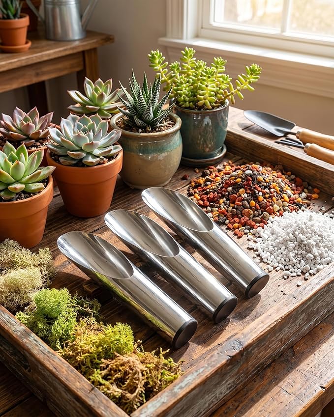 Stainless Steel Soil Scoops - 3-Piece Garden Scoop Set for Indoor Plants, Bonsai & Succulents, Multi-Size Plant Soil Shovel Kit for Transplanting, Potting & Material Handling