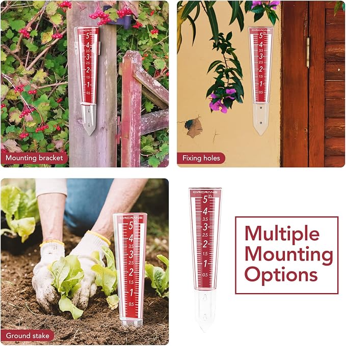 Circrane 5-Inch Capacity Outdoor Rain Gauge with Additional Hang Bracket& Stainless Steel Screws, Magnifying Scale and Numbers Design for Easy Read (Red)