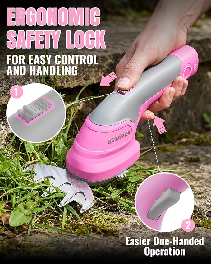 8V Cordless Hedge Trimmer & Grass Shear, 2-in-1 Handheld Shrub Trimmer with 2000mAh Removable Battery, 2 Interchangeable Blades for Bushes, Shrubs & Lawn Edging (Pink)