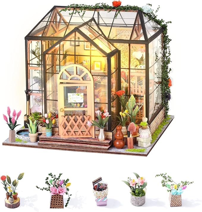 INSGEN Greenhouse Booknook Kit, DIY Miniature Dollhouse Building Set, 1:24 Scale Wooden Diorama Model, Tiny Street House Craft for Adults,Home Bookshelf Decor Gift