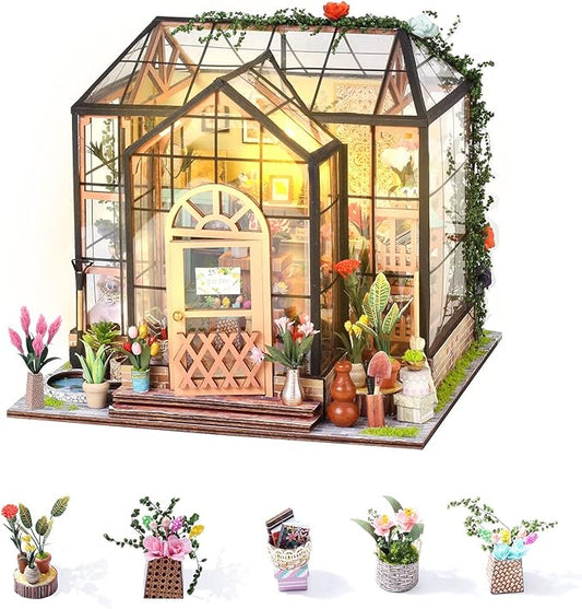 INSGEN Greenhouse Booknook Kit, DIY Miniature Dollhouse Building Set, 1:24 Scale Wooden Diorama Model, Tiny Street House Craft for Adults,Home Bookshelf Decor Gift