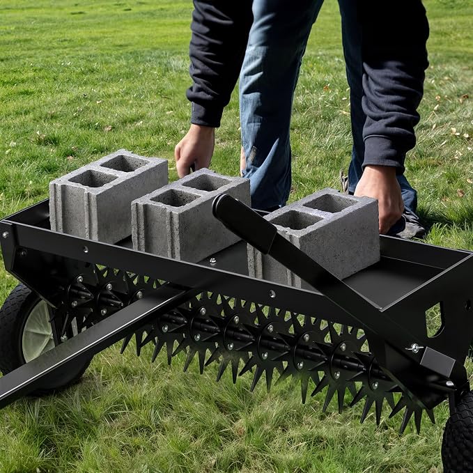 YITAMOTOR 40" Tow Behind Spike Aerator, Durable Lawn Aerator for Soil Penetrator with Transport Wheels & Galvanized Plug Coring Tines & Universal Hitch Tow Bar & Side Control Handle for ATV, Black