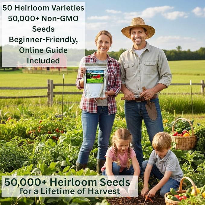 B&KM Farms 30,000+ Survival Seed Kit 5+ Year Supply. 50 Fruit & Vegetable Non-GMO Heirloom Seeds for Planting a Home Garden. (50 Seed Packets: Maximum Variety Package)