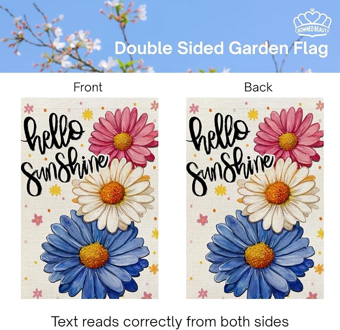 CROWNED BEAUTY Hello Sunshine Garden Flag Daisy Spring Summer 12x18 Inch Double Sided Small Seasonal Holiday Floral Farmhouse Decoration for Outside Yard