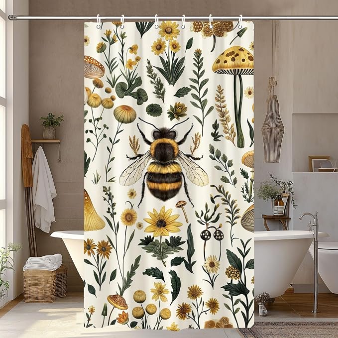 Rustic Boho Mushroom Shower Curtain, Vintage Chic Bee Mushroom Botanical Floral Farmhouse Cottagecore Aesthetic Shower Curtain Set with Hook, Fairy Witchy Plant Shower Curtain for Bathroom 36X72 Beige