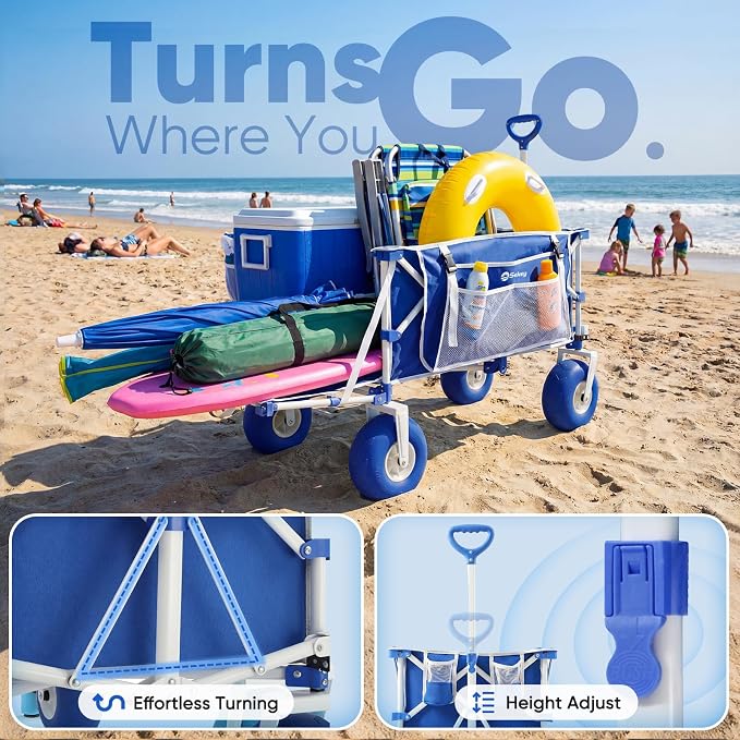 Sekey Heavy Duty Beach Wagon with 9" Big Sand-Proof Wheels, 300L Oversized Foldable Beach Cart with Cooler| Adjustable Handle & Balloon Tires for Sand, Camping,Vacation