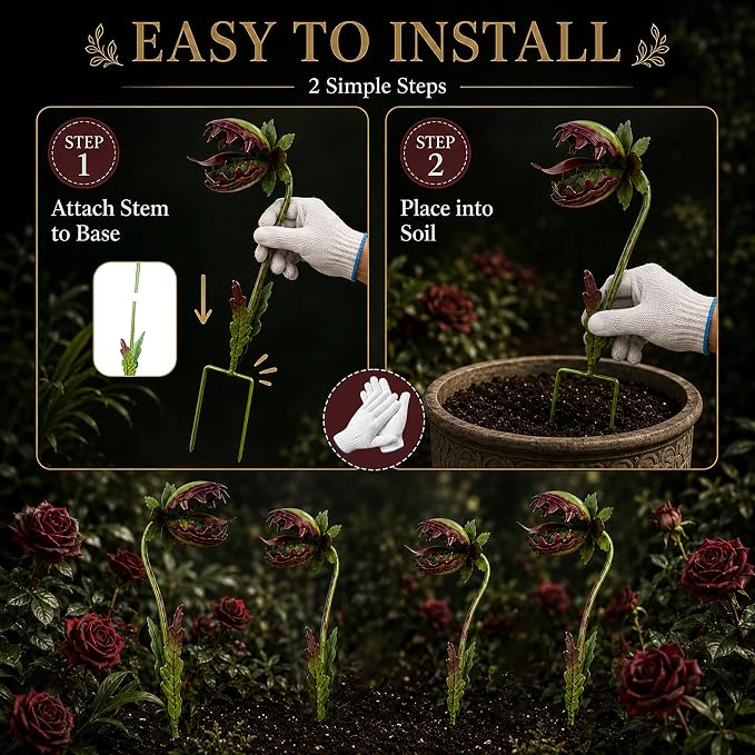 Funny Metal Carnivorous Plant Garden Stake, 25" Large Venus Flytrap Sculpture, Whimsical Outdoor Yard Art for Lawn Patio Planters, Unique Weather-Resistant Garden Decor Gift (Monster Flower 2pcs)