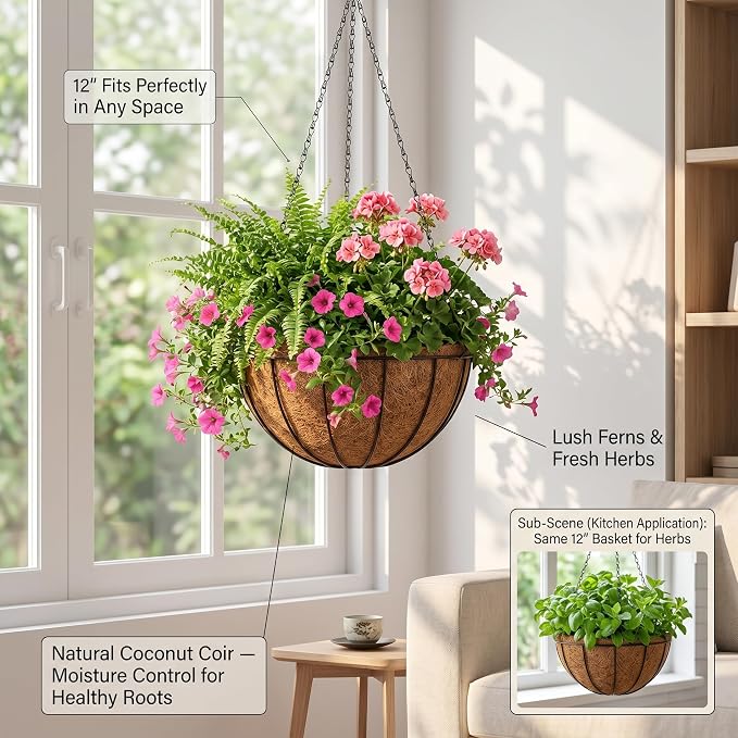 Kingbuy 12" Metal Hanging Basket for Herbs & Flowers – 6" Depth Rust-Resistant Wire with Coconut Liner & Adjustable Chains for Kitchen Window, Balcony & Garden - 1 Pack