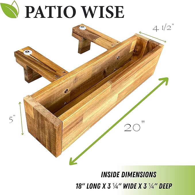 Patio Wise Acacia Wood Railing Planter Box, Outdoor Hanging Flower, Plant, & Herb Boxes, 20-Inch Wide x 5-Inch Tall x 4.5-Inch Deep Rectangular Porch, Deck, & Balcony Planters, Teak Color