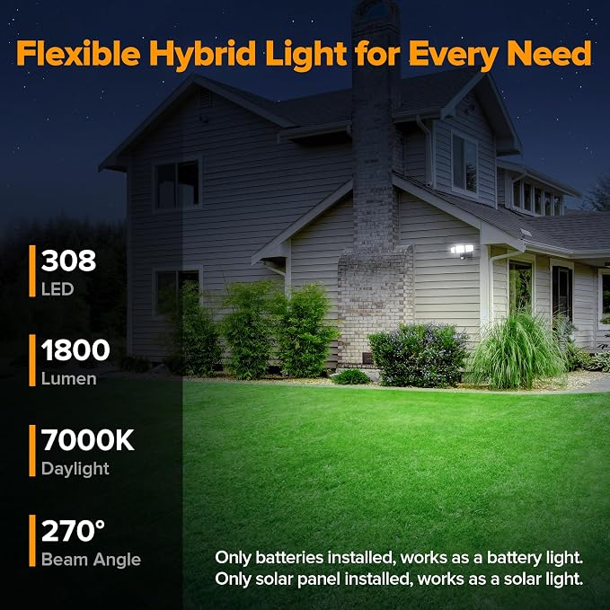 UME Hybrid Solar and Battery Powered Motion Sensor Outdoor Lights, 302 LED 1800LM, IP65 Waterproof, 3-Head Motion Activated LED Flood Light, Energy Efficient Hybrid Security Lights for Garden -2 Pack