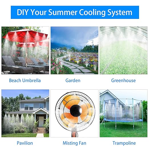 Misting Cooling System 32.8ft(10M) Misting Line + 10 Brass Mist Nozzles + a Faucet Connector (3/4") Fan Misting Kit Outdoor Mister for Patio Garden Greenhouse Trampoline for waterpark