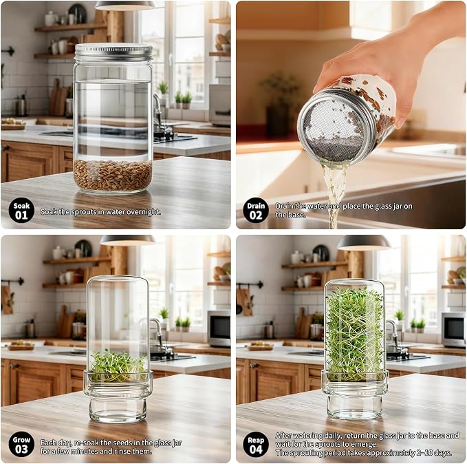 Sprouting Jar Kit, 2 Pack Wide Mouth Quart Mason Jars | Broccoli, Microgreens, Alfalfa Sprout Jar | Perfect for Home Gardeners, Health Enthusiasts & Vegan Diets