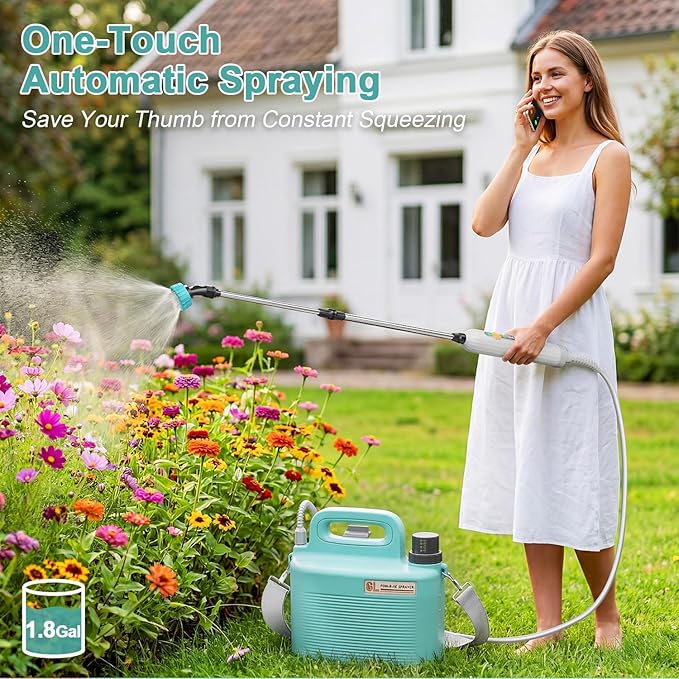Battery Powered Garden Sprayer 1.8 Gallon, Lightweight Electric Weed Sprayer with Telescopic Wand & Adjustable Nozzles, Portable Yard Sprayer for Plant Watering, Lawn Care, Fertilizing,Gardening