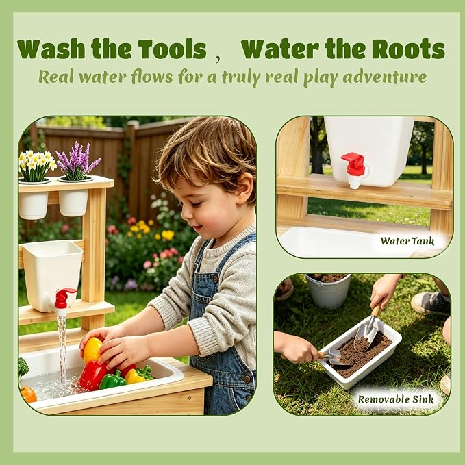 Beipoo Kids Potting Bench with Clearview Planter, Outdoor Mud Kitchen for Kids, Wooden Garden Station with Faucet, Chalkboard, Sink, Plant Pots, Cooking & Planting Toy for Toddler Boys Girls Ages 3+