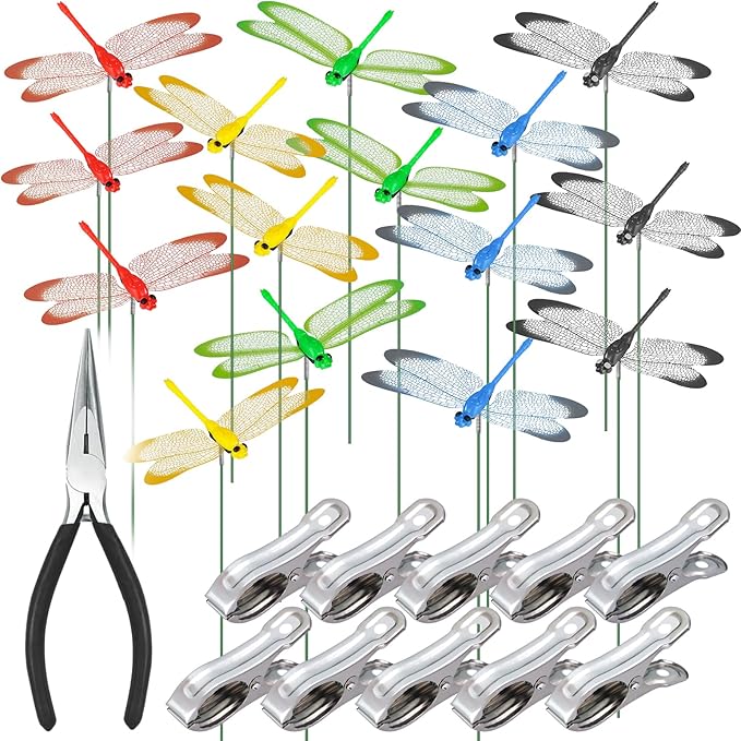 NiHome 15PCS Decorative Dragonflies Clips Decor for Garden, 9.8" Long Multicolor Waterproof Outdoor & Indoor Use, Versatile Clip-On Plant Decoration, Includes Pliers for Easy Attachment