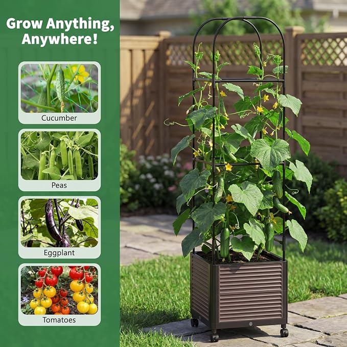 Raised Garden Bed Planter Box with Trellis, 61''H Tomato Planters for Climbing Plants Vegetable Vine Flowers Outdoor Patio Tomato Cage, Self Watering Planter with Wheels