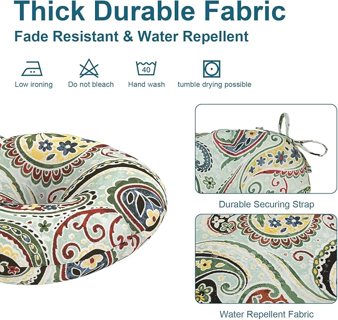DYTXIII Set of 2 Outdoor Round Chair Cushions 15"x15"x4" with Ties, Water Repellent Tufted Bistro Seat Cushions, Thick Patio Chair Pads for Bar Stool, Garden & Dining Furniture - Paisley Lightcyan