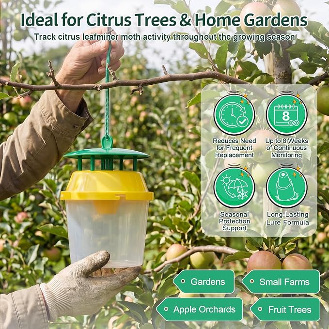 12 Pcs Reusable Leafminer Trap with Pheromone Lures, Bucket Style Insect Trap with 36.2'' Ground Stake, Outdoor Monitoring Tools for Citrus Trees Garden Orchard (2 Lures Included)