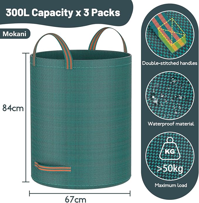Mokani Reusable Yard Waste Bags, 79 Gallon Lawn and Leaf Bags 3 Packs, Heavy Duty Garden Bags With Reinforced Handles, Camping Yard Recycling Leaf Bag for Leaves