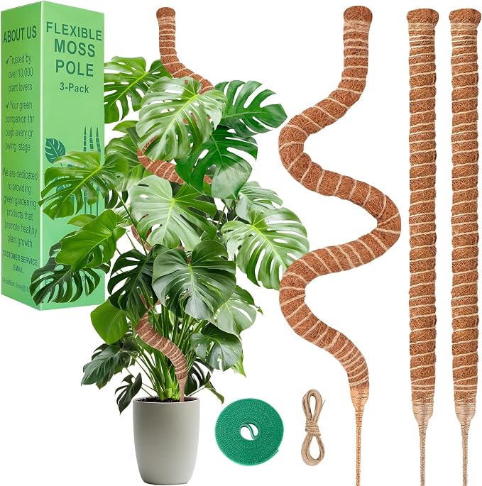 3-Pack 28 Inch Moss Pole for Climbing Plants – Natural Coir Poles with Adjustable Velcro Straps & Hemp Rope, Plant Stakes for Monstera, Pothos & Indoor Houseplants