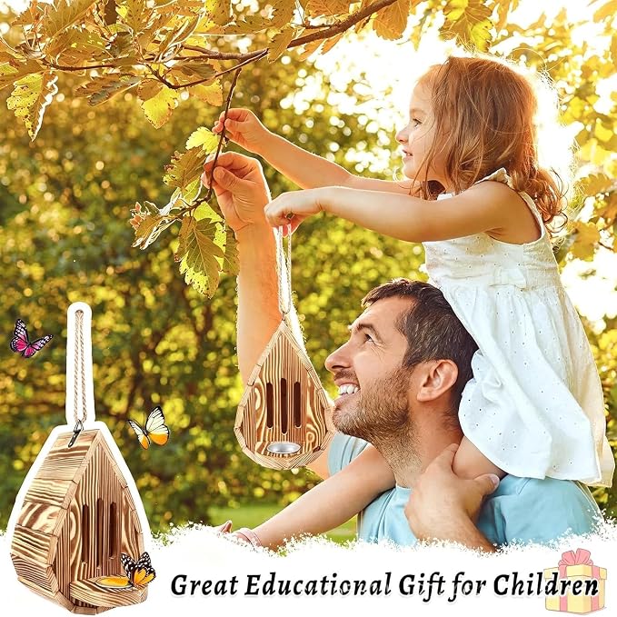 Butterfly House, Natural Wooden Bee Hotel for Garden, Hangable Teardrop Butterfly House for Garden, Weather Resistant Teardrop Butterflies Feeder, for Backyard & Balcony Decor