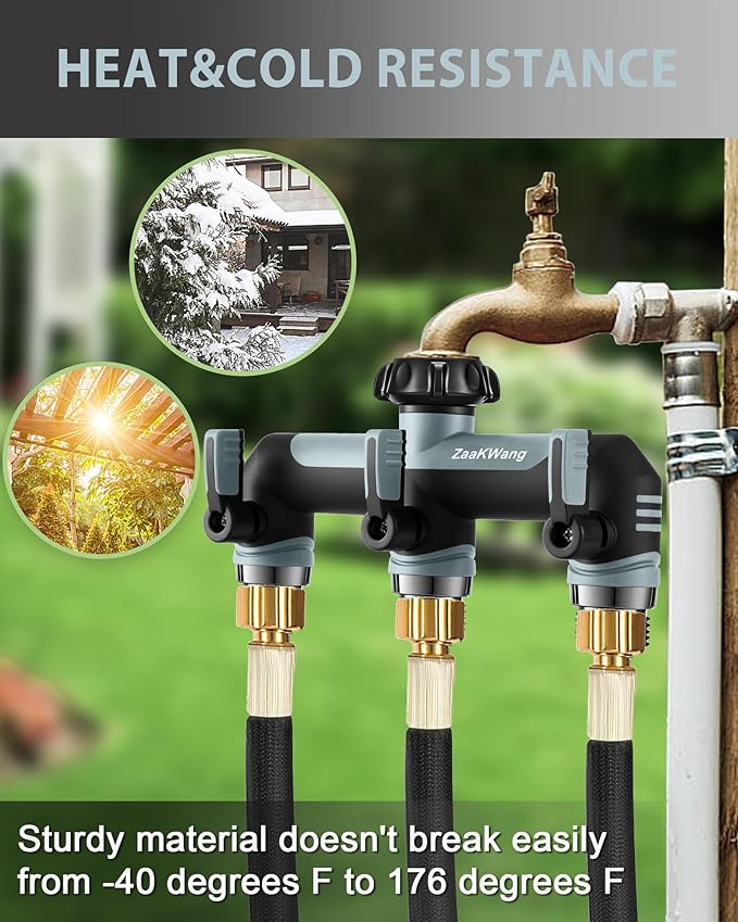 Garden Hose Splitter, 3 Way Hose Splitter, Heavy Duty Water Hose Bib Spigot Splitter, Outdoor Faucet Splitter with Shutoff Valve, T Adapter Connector with 3/4 - Inch GHT Thread (Grey)