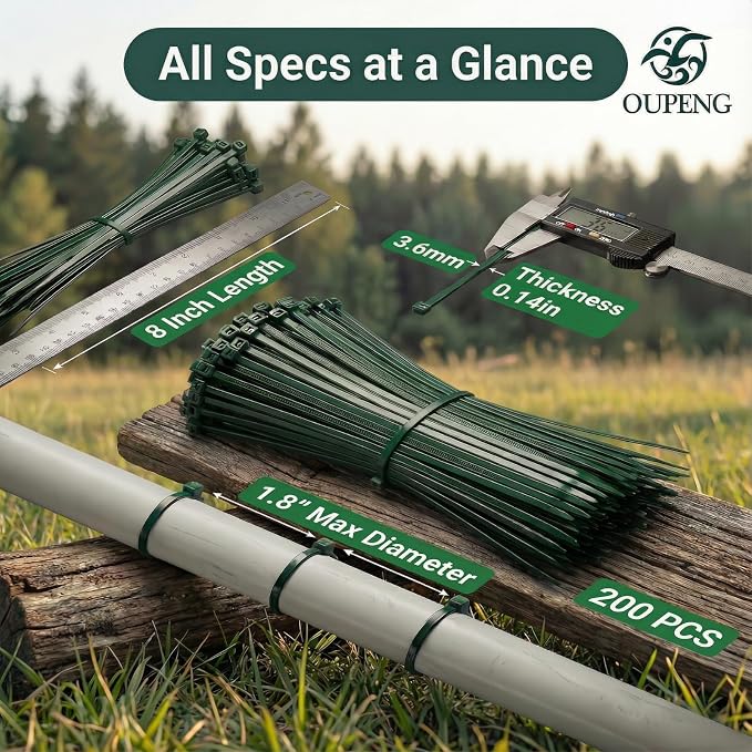 200PCS Nylon Zip Ties - 8 Inch Green,Multi-Purpose Self Locking Cable Ties,Ultra Strong Plastic Wire Ties with 40lb Tensile Strength,Cable Ties for Indoor and Outdoor Use