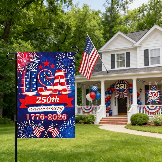 250 Anniversary Usa Garden Flags for Outside, 250 Anniversary USA Flag 1776-2026 Commemorative Patriotic Yard Sign Outdoor Firework Design Banner 4th of July Decorations Double Sided Waterproof 250 Year American Flag 12x18 Inch