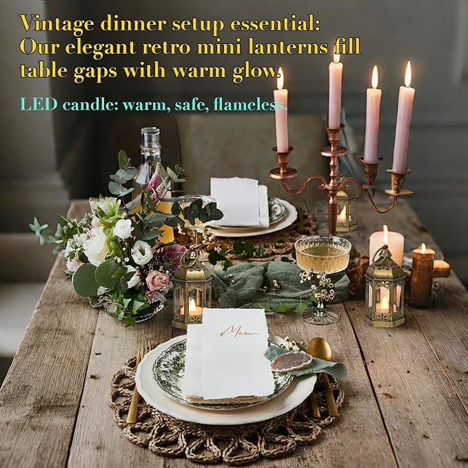 Mini Moroccan Lanterns with Flicker LED Candles Set of 12, Gold Vintage Decorative Hanging Lanterns for Ramadan, Christmas, Halloween, Wedding, Party, Table Centerpiece, ABS Plastic and Glass