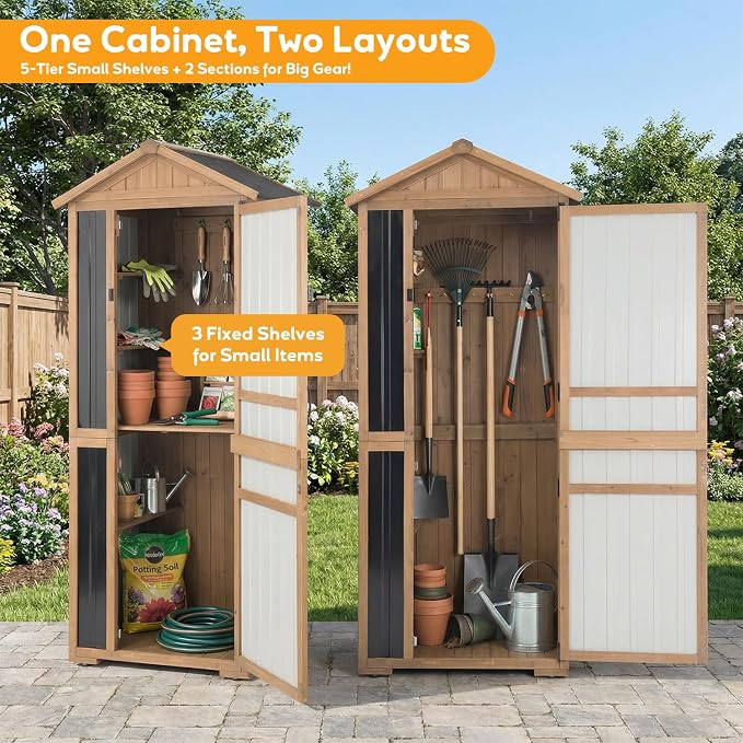 Outdoor Storage Cabinet with Lockable Doors, Wood & Metal Garden Shed, Weatherproof Patio Storage with Adjustable Shelf for Tools, Patio & Backyard Organizer