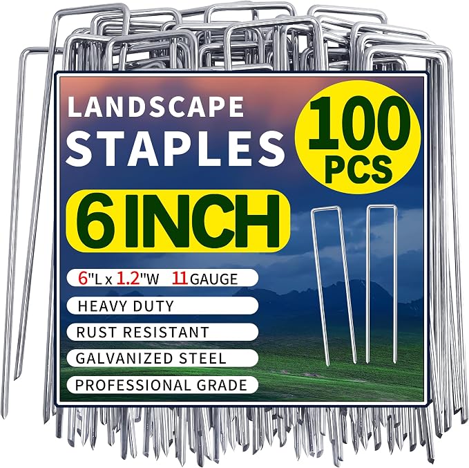 100 Pack Landscape Staples 6 Inch Garden Stakes Galvanized Garden Staples Pins Anti-Rust Ground Stakes for Weed Barrier, Irrigation Tubing, Landscaping Fabric, Yard Lawn