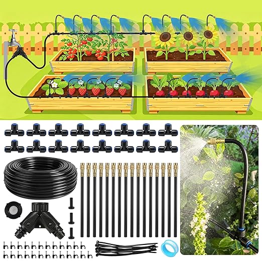 Riboud 110Ft Drip Irrigation System, 2026-Upgrade Garden Watering Kit with 16 Adjustable Copper Rotating Arm Nozzles, 360° Flexible Spray Irrigation Kit for Raised Beds, Lawn, Greenhouse