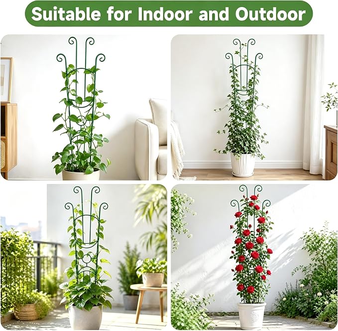 KINGLAKE Plant Trellis for Climbing Plants Indoor Outdoor - 2 Pack 32.7 Inch Green Expandable Metal Garden Trellis for Potted Climbing Plants Support Flower Vine Ivy Monstera Houseplant with Tape