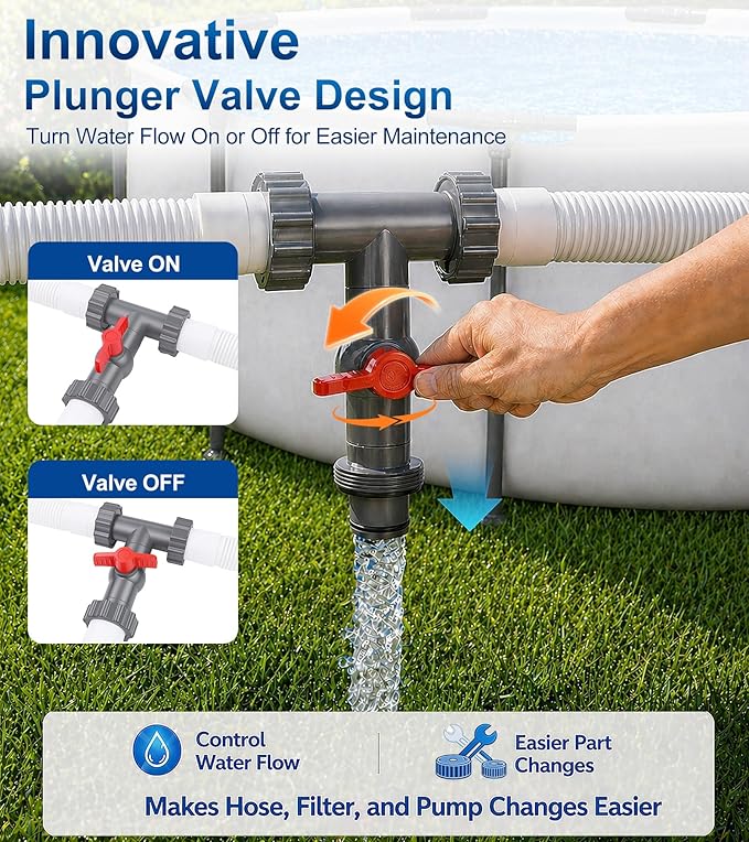 Pool Hose Connector with Valve,1.5" T-Joint Pool Hose Adapter Valve for Leak-Proof Dual Seal and Control Water Flow, Durable PP Material, Easy No-Tool Install for Above Ground Pools and Filter Pump