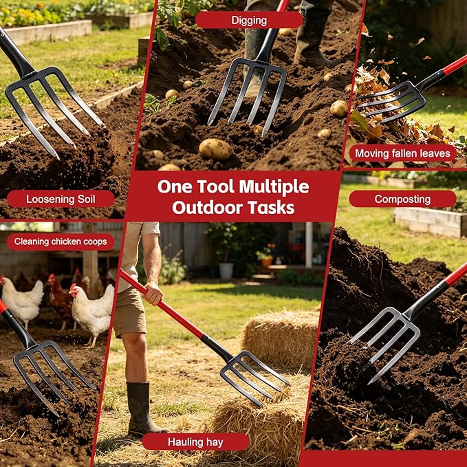 47IN Garden Pitchfork, One-piece Design 4-Tine Garden Fork Heavy Duty Digging Manure Forks for Potato Digging Mulch Spreading Loosening Soil Hay Compost Aeration Transplanting Farm Garden