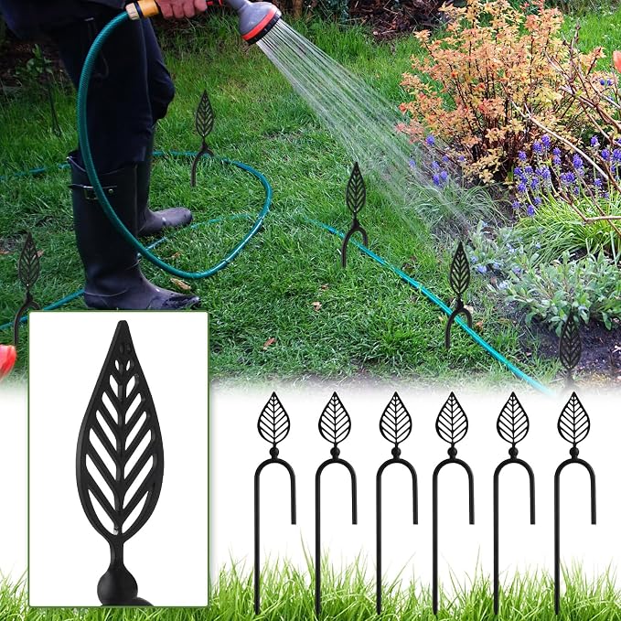 MorningRo 6 Pcs 8 Inch Garden Hose Guide Spike Metal Garden Stakes Holder Heavy Duty Metal Hose Guide for Plant Protection Lawn Yard(Leaf)