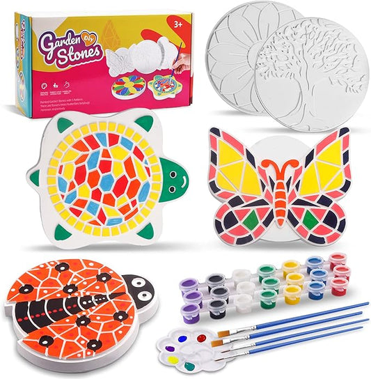 IFLOVE Paint Your Own Stepping Stones for Kids Craft Kits,Arts and Crafts for Kids Ages 4-8,5 Pack Painting Crafts for Girls Ages 8-12，Outdoor Toys Art Supplies Toddler Birthday Christmas Easter Gift