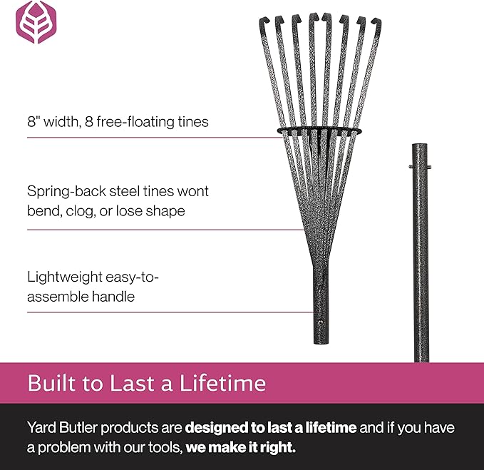 Yard Butler ILT-8 World’s Greatest Rake 8” Wide Shrub Rake Garden Rake for Lawncare - Convenient Garden Cleaning Accessory - Lightweight Wooden Handle - Steel Tines - Easy to Maneuver