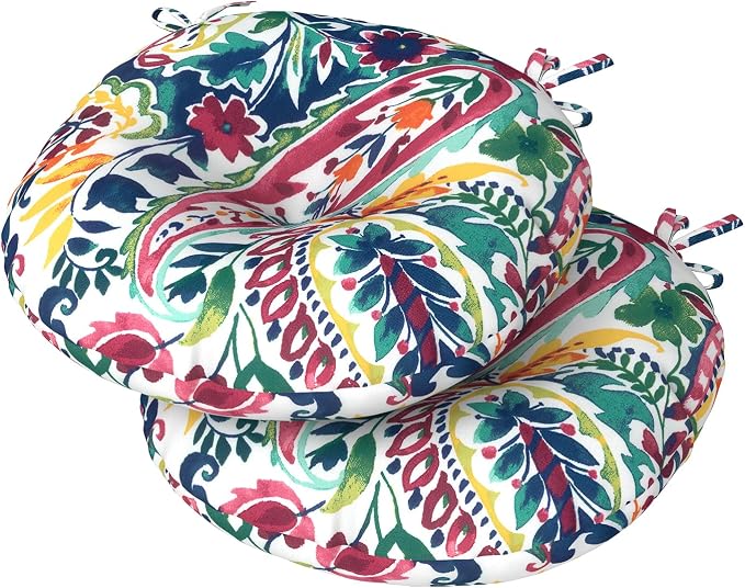 DYTXIII Set of 2 Outdoor Round Chair Cushions 15"x15"x4" with Ties, Water Repellent Tufted Bistro Seat Cushions, Thick Patio Chair Pads for Bar Stool, Garden & Dining Furniture - Vigour Paisley
