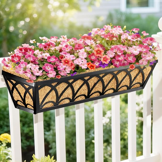 24 Inch Railing Planter Box Window Boxes Planters - 2 Pack Deck Railing Planter Boxes with Adjustable Brackets Coco Liners Balcony Planters Railing Hanging for Window Flower Boxes Outdoor Garden Decor