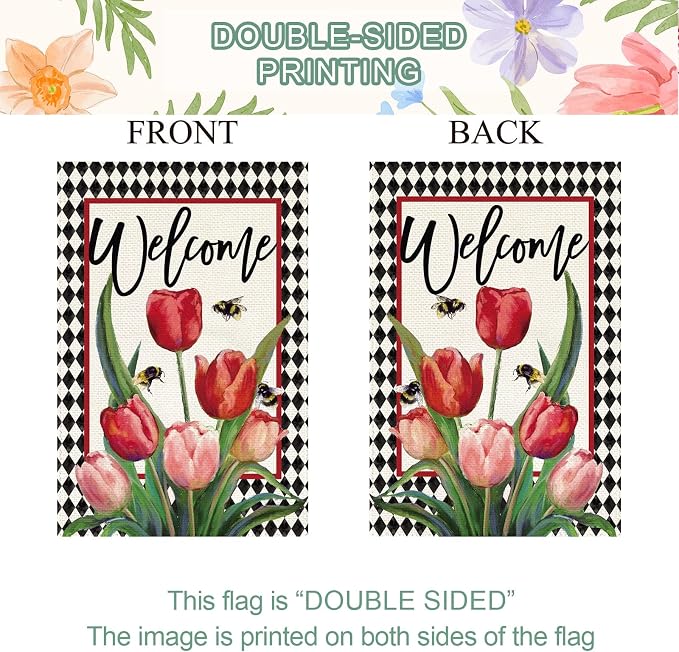 Baccessor Spring Easter Tulip Welcome House Flag 28 x 40 Inch Double Sided Burlap Spring Flowers Floral Buffalo Plaid Large Yard Flag Summer Holiday Seasonal Outdoor Outside Decoration