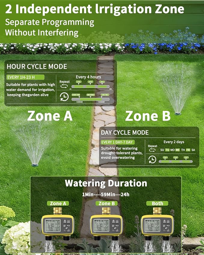 Hose Timer 2 Outlet, 2 Zone Programmable Sprinkler Timer with Rain Delay & Manual Mode, Heavy Duty Digital Timer for Garden Hose, Auto Irrigation Controller for Lawn, Yard & Drip Irrigation Outdoor