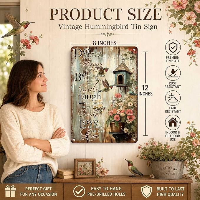 Garden Signs for Outside Vintage Hummingbird Tin Sign Inspirational Wall Decor Do What Makes You Happy Metal Decor Rustic Farmhouse Floral Wall Art for Garden Home Decoration 12x8 Inch